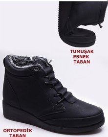 Resim 210 Ortopedik Taban Lastik Bağcıklı İçi Kürklü Siyah Anne Botu Kadın Bot Ayakkabı Siyah 