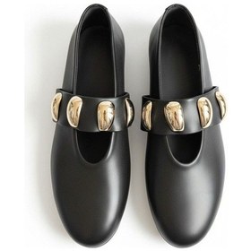 Resim Ne&ve Shoes Siyah Hakiki Deri Gold Aksesuar Detaylı Lastikli Kadın Şık Ve Rahat Babet 