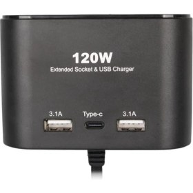 Resim Olesson 1653 12-24V Çift USB + Type-C Girişli 100W 70CM Kablolu 3'lü Araç Çakmak Çoklayıcı 