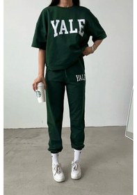 Resim Yale T-shirt Eşofman Altı Jogger - Yeşil Baskı Alt Üst Eşofman Takımı Oversize Bisiklet Yaka Yeşil 