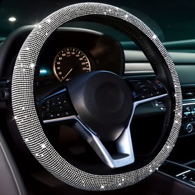 Resim Bling Elmas Direksiyon Kılıfı, Kumaş, Evrensel Uygunluk, 35.56-38.1 cm, Kristal Taşlı, Kaymaz Tutuş, Araba Aksesuarı için Nefes Alabilir 
