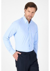 Resim Koyu Mavi Uzun Kol Düğmeli Yaka Cepsiz Performans Ürün Slim Fit Gömlek 1004250270 Koyu Mavi 