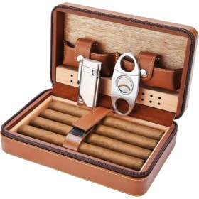 Resim Puro Depolama Puro Humidors Puro Neme Durumda Taşınabilir Cedar Ahşap Deri Seyahat Neme Nemlendirici Set Hediye Kutusu | Puro Aksesuarları 