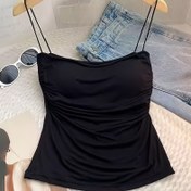 Resim Kadınlar için Seksi Tek Parça Askısız Tüp Üstü Dahili Sütyen Pedleri ile - Yüksek Esneklikli Büzgülü Göğüs Detayı, İnce Askılar ve Akşam Randevuları için Düz Sırt, Yaz Partisi Giyimi - Siyah, Bikinilerle Uyumlu Üst | Şık Siluet 