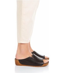 Resim İç Dış Hakiki Deri Ortopedik Taban Topuksuz Kadın Terlik Siyah 