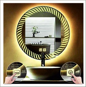 Resim Dnr-Mirror55 Cm Günışığı Ledli Tasarım Kumlamalı Dokunmatik Tuşlu Buğu Önleyicili Banyo Aynası Makyaj Aynası 