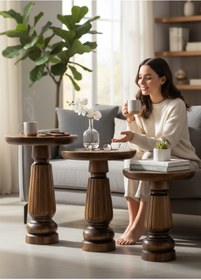 Resim ASELYA HOME Doğal Ahşap 3’lü Set Mantar Yan Sehpa Modern Fiskos Zigon Çiçeklik 