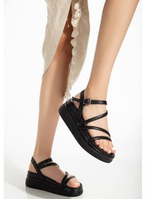 Resim 24422-844 Siyah Dolgu Topuk Kadın Sandalet Altın - Taba 