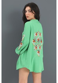 Resim Wpr Kimono Reglan Kol Nakışlı Keten - Yeşil-yeşil Yeşil 