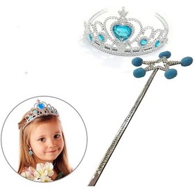 Resim Mavi Ponponlu Karlar Ülkesi Elsa Asası Ve Mavi Kalp Taşlı Elsa Tacı 