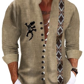 Resim Erkek Casual Mandarin Yaka Uzun Kollu Gömlek, Kertenkele Totem Baskısı, Polyester 100%, Esnek Olmayan Dokuma Kumaş, Normal Beden, Düğme Detayı, Tüm Mevsim Parti ve Akşam Giysisi 