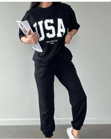 Resim Usa T-shirt Eşofman Altı Jogger- Siyah Baskılı Alt Üst Eşofman Takım Oversize Bisiklet Yaka Siyah 