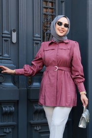 Resim N.S NEVA STYLE Düğmeli Gül Kurusu Tesettür Gömlek 19028GK 