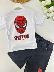 Resim Erkek Çocuk Beyaz Spiderman Kot Şortlu Takım 