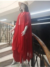 Resim Eren Style Itayan Ipek Detaylı Şallı Kaftan- Asimetrik Pantolon 2'li Takım -9770 Kırmızı 