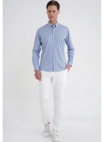Resim Slim Fit Yaka Düğmeli Baskılı Pamuklu Mavi Gömlek G 1606 
