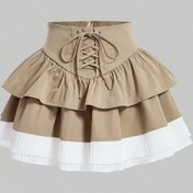 Resim Kadınların Yama Yarım Etek Renk Bloğu Bağcıklı Bel Etek ve Asimetrik Etek Moda Katmanlı Etek Bel Çok Katmanlı Etek 