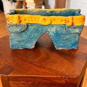 Resim El Yapımı Seramik Jean Şort Vazo ve Kalemlik, 19x10x7 cm, Mavi Vazo 