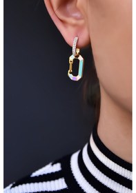 Resim 925 Ayar Gümüş Gold Kaplama Mineli Dikdörtgen Taşlı Halka Küpe 