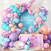 Resim 167 parça Denizkızı Balon Kemer ve Çiçek Halka Seti - Okyanus Temalı Pembe, Mor ve Turuncu Balon Dekoru Deniz Kabukları, Yıldız Balığı ve Denizkızı Kuyruğu ile Doğum Gün Partileri ve Temalı Etkinlikler için, Denizkızı Parti Dekorasyonları 