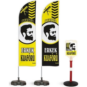 Resim Erkek Kuaförü Temalı 2 Adet Yelken Bayrak ve 1 Bariyer Duba Takımı 