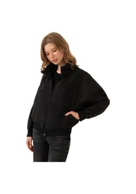 Resim Firststops Kadın Siyah Dik Yaka Su Ve Rüzgar Geçirmez Oversize Crop Mevsimlik Yağmurluk Rüzgarlık Siyah 