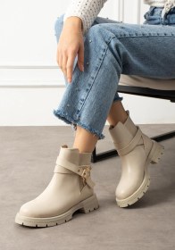 Resim Shoetek Hesva Kadın Bot Fermuarlı Tokalı Bantlı Bej Deri Bej 