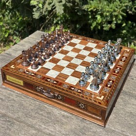 Resim Tamamen El Yapımı Satranç Takımı, Bronze Metal, Masif Ahşap Satranç, Hediyelik, Satranç Seti 