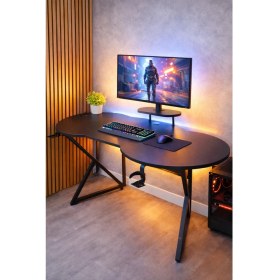 Resim Michael Brean Özel Oval Tasarım Oyuncu Masası 156 cm Bardaklık ve Kulaklık Tutucu Hediye 