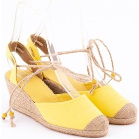 Resim Bilekten Bağcıklı Topuğu Açık Dolgu Topuk Bayan Sarı Keten Hasır Espadril Sarı 