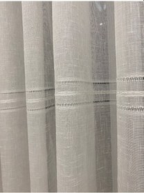 Resim Keten Zeminli Şerit Desenli 1/2,5 Orta Pileli Tül Perde Kırışmaz, Ütü Gerektirmez Ekru 