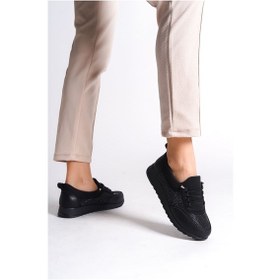 Resim Vıolet Bağcıklı Lastikli Ortopedik Rahat Taban Taş Detaylı Klasik Kadın Babet Anne Ayakkabısı Cst - Siyah Siyah 