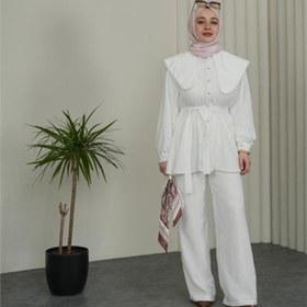 Resim Neşeli Butik kadın beyaz geniş kesim yaka detaylı kuşaklı ikili tesettür takım NBVQ3148 
