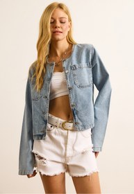 Resim Olalook Kadın Mavi Cepli Bisiklet Yaka Denim Ceket CKT-19000452 