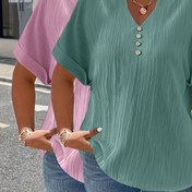 Resim Büyük Beden - Kadınlar için Büyük Beden Yeni İki Parça Takım Bahar ve Yaz için, Günlük Moda için Şık ve Zarif Düz Renkli Kısa Kollu Düğmeli T-Shirt ile. 