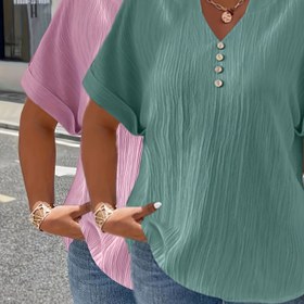 Resim Büyük Beden - Kadınlar için Büyük Beden Yeni İki Parça Takım Bahar ve Yaz için, Günlük Moda için Şık ve Zarif Düz Renkli Kısa Kollu Düğmeli T-Shirt ile. 