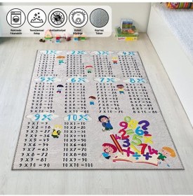 Resim Çocuk-Bebek Halısı Çarpım Tablosu Temalı Halı Yıkanabilir Kaymaz Taban Gri 
