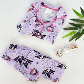 Resim Kız Çocuk Düğmeli Tavşan Desenli Uzun Kollu Pijama Takımı-896 Mor 