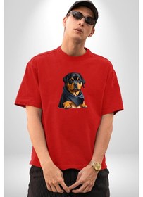 Resim Puppy Köpek Rottweiler Pamuklu Bisiklet Yaka Unisex Oversize Boyfriend Dijital Baskılı Kırmızı T-shirt Kırmızı 