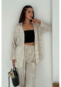 Resim Asprin Fashion Geometrik Desen Modal Saten Takım Beyaz Beyaz 