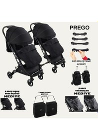 Resim Prego İkiz Apartlı Birleşip Ayrılan Yan Yana İkiz Kabin Boy Bebek Arabası 