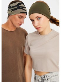 Resim 2'li Çift Taraflı Kullanım Alternatifli Pamuklu Penye, Kaymaz, Hafif, Spor Saç Bandı Bandana - Tek Ebat / Haki -kamuflaj Haki -kamuflaj 