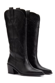 Resim DENORA Siyah Mat Deri Sivri Burun Nakışlı Western Kovboy Bot Çizme 