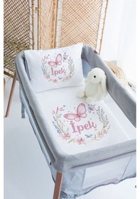 Resim Lilabio %100 Pamuk Saten İsme Özel İsimli 70x120 Park Yatak Nevresim Seti Kelebek 