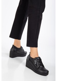 Resim Kadın Dolgu Topuklu Ayakkabı Siyah Fermuarlı Bağcıklı Cilt-3166 Siyah 