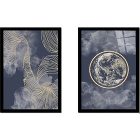 Resim Modern Dünya Küresi İkili Çerçeveli Cam Tablo Seti-173449 