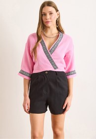Resim Olalook Kadın Pembe Güpür Şeritli Altı Bağlamalı Müslin Kimono KMN-00000069 