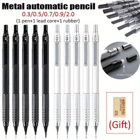 Resim Her Sette 3 Yüksek Kaliteli Siyah/Gümüş Otomatik Kalem, 0.3/0.5/0.7/0.9/2.0mm Siyah HB Grafit Uç Kırılmaz, Profesyonel Sanat Çizim Kalemleri ve Kırtasiye Malzemeleri İçin Uygun (1 Kalem + 1 Uç + Hediye Olarak 1 Lastik) 