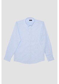 Resim Tudors Erkek Modern Fit Dar Kesim Pamuklu Kolay Ütü Armürlü Mavi Gömlek-32109-mavi Mavi 