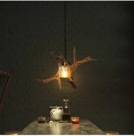 Resim Zoye Ahşap Geyik Boynuzu Desenli Modern Kafe Restoran. Salon Aplik Eskitme 